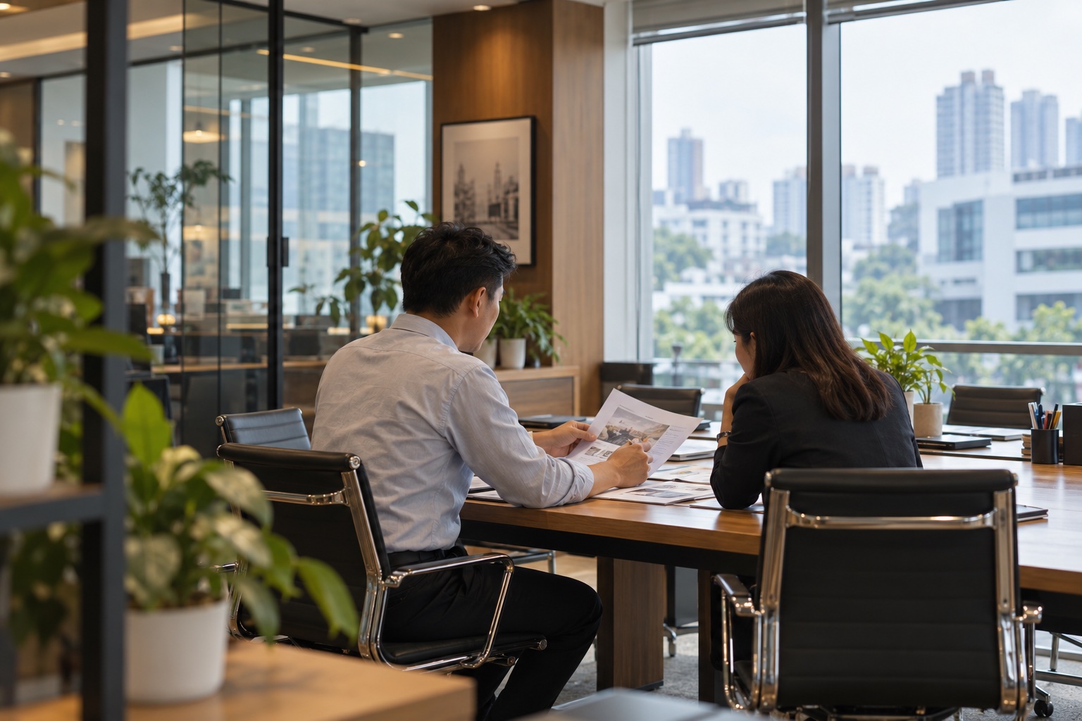Two business professionals reviewing documents in a modern office.